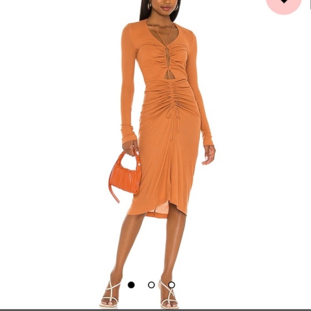 Song Of Style Zuri Brown Dress Ribbed Long‎ sleeve Ruched cut out midi Dress M